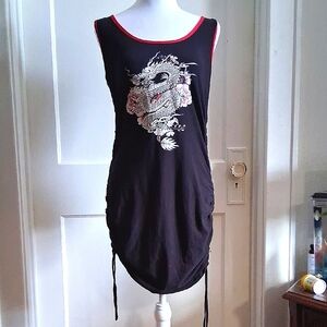 Black Sleeveless Dress with Dragon Print And Red Accent